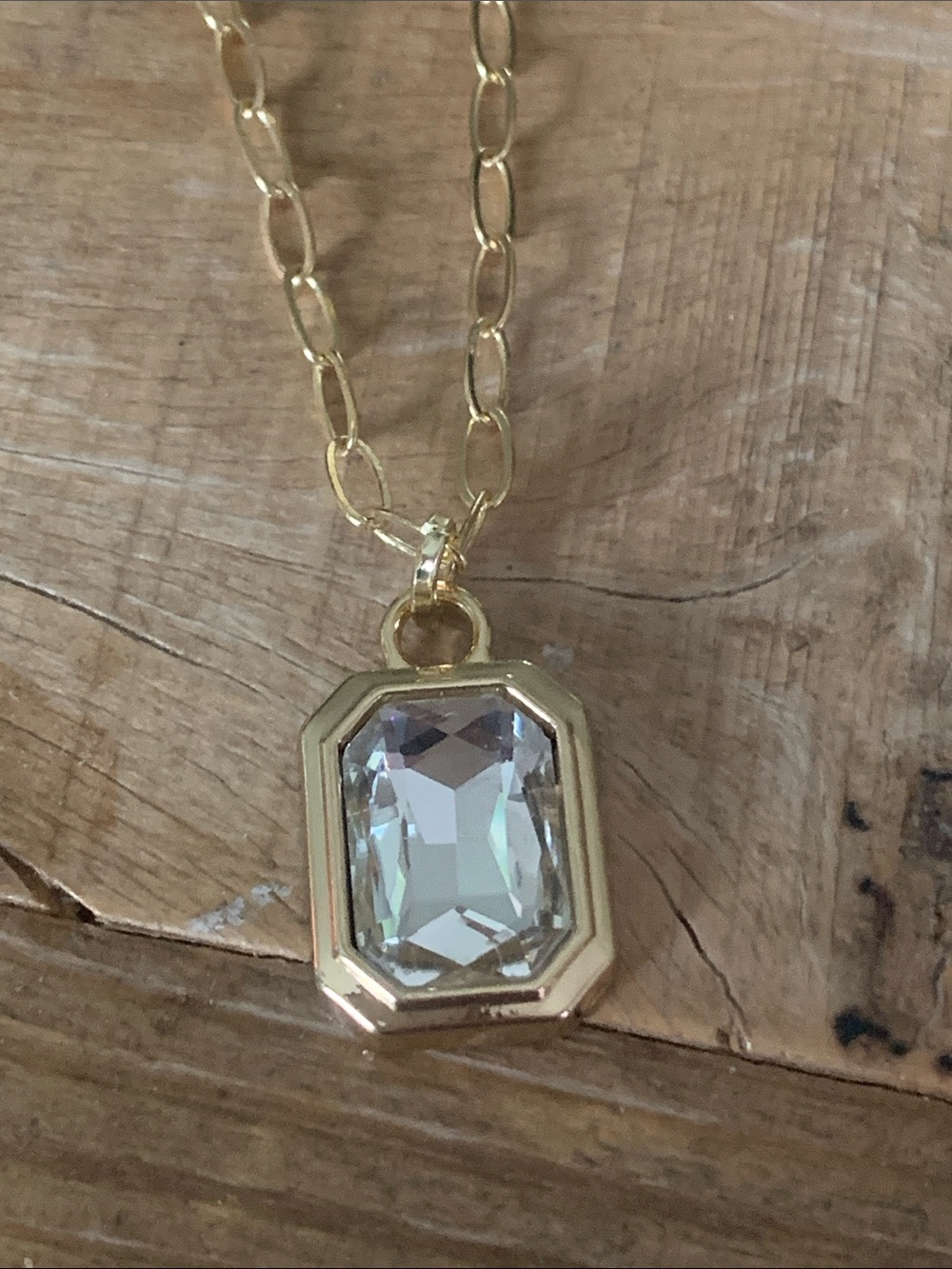 Gold Chain Necklace with Clear Gemstone Pendant